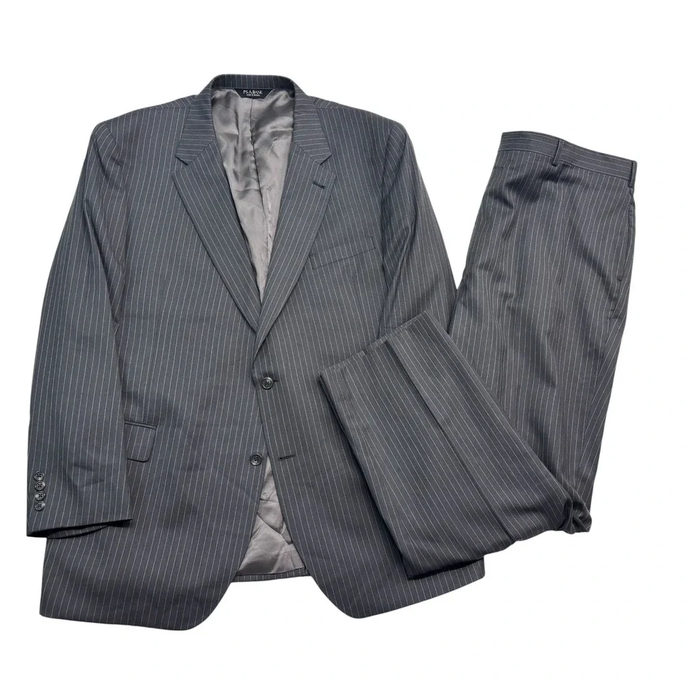 Jos A Bank 48L 43x32 Gray Stripe 2pc Pant Suit Signature Collection Silk Wool